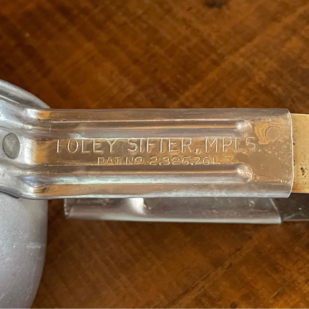 Vtg  Tin Flour Sifter Foley Hand Squeeze Kitchen Collectible One Hand Easy Use